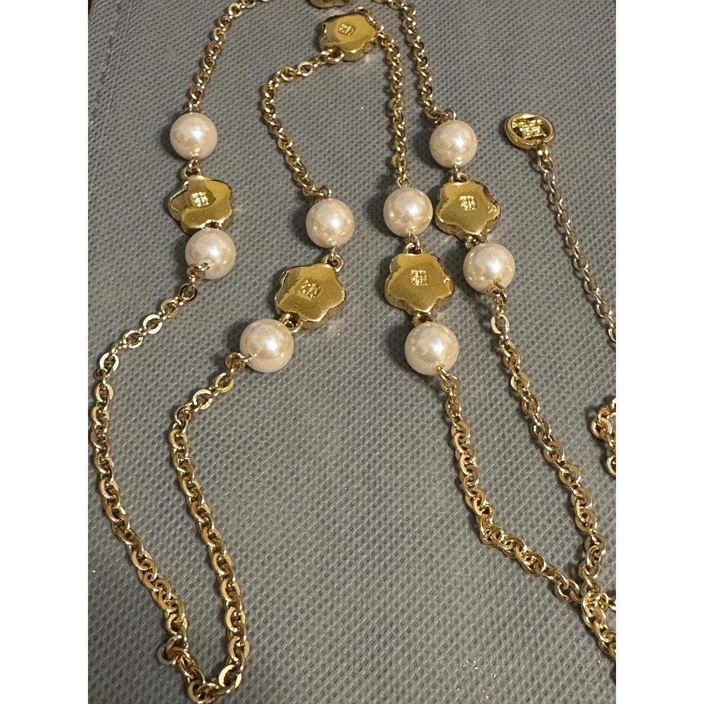Givenchy Gold Tone Faux Pearl Flower Station Necklace 40 Inch Long Logo Charms - Picture 7 of 13
